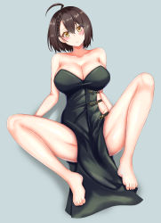 Rule 34 | 1girl, absurdres, ahoge, asymmetrical clothes, azur lane, baltimore (azur lane), baltimore (evening breeze minuet) (azur lane), bare shoulders, barefoot, black dress, blush, braid, breasts, brown hair, cleavage, collarbone, commentary request, comotaro, dress, evening gown, french braid, full body, groin, hair between eyes, highres, large breasts, looking at viewer, m legs, official alternate costume, parted lips, shadow, short hair, sideless outfit, sidelocks, simple background, sitting, solo, spread legs, strapless, strapless dress, yellow eyes