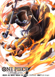 Rule 34 | 1boy, ascot, black eyes, black hat, blonde hair, brown gloves, commentary request, english text, fire, gloves, goggles, goggles on headwear, hat, hokuyuu, holding, holding weapon, lead pipe, male focus, official art, one piece, open mouth, sabo (one piece), scar, scar across eye, scar on face, short hair, smile, solo, teeth, top hat, translation request, weapon, white ascot