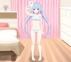 Rule 34 | 1girl, absurdres, amami ami, barefoot, bed, bed sheet, belly, blue bra, blue eyes, blue hair, blue panties, blush, bra, breasts, cellphone, commission, curtains, eyebrows, eyelashes, flat chest, floor, hair ornament, highres, kiniro tofu, kinirotofu, knees, navel, panties, phone, pillow, plant, prism project, rainbow, ribbon, selfie, shadow, small breasts, smartphone, smile, thighs, twintails, underwear, underwear only, virtual youtuber