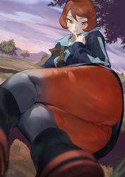 Rule 34 | 1girl, :p, arezu (pokemon), ass, blue shirt, blush, bob cut, boots, breasts, creatures (company), game freak, ikuchan kaoru, long sleeves, looking at viewer, lying, nintendo, on side, outdoors, pants, pantyhose, pantyhose under shorts, pokemon, pokemon legends: arceus, red eyes, red hair, red pantyhose, shirt, shorts, sky, solo, thick thighs, thighs, tight clothes, tongue, tongue out, tree