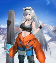Rule 34 | 1girl, animal ears, arknights, aurora (arknights), aurora (polar catcher) (arknights), bare arms, bare shoulders, bear ears, black choker, black hairband, black pants, blue eyes, blue sky, breasts, choker, cleavage, clothes around waist, commentary request, cowboy shot, crop top, day, eugle na, full body, grey hair, hairband, highres, holding, jacket, jacket around waist, large breasts, long hair, looking at viewer, midriff, mountain, official alternate costume, orange jacket, pants, sky, snow, snowboard, solo, sports bra, standing, stomach, very long hair