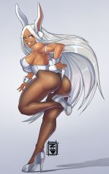 Rule 34 | 1girl, absurdres, animal ears, arm strap, ass, bare shoulders, boku no hero academia, breasts, brown pantyhose, dark-skinned female, dark skin, detached collar, fake animal ears, fang, full body, grin, high heels, highleg, highleg leotard, highres, impossible clothes, impossible leotard, kneepits, large breasts, leotard, leotard pull, long hair, looking back, mirko, muscular, muscular female, nose, nudiedoodles, pantyhose, parted hair, playboy bunny, rabbit ears, rabbit girl, red eyes, second-party source, sideboob, silver footwear, silver hair, silver leotard, simple background, smile, solo, standing, standing on one leg, stiletto heels, thick thighs, thighs, thong leotard, turning head, very long hair, wrist cuffs