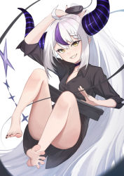 Rule 34 | 1girl, absurdly long hair, absurdres, ahoge, arm up, bare legs, barefoot, black nails, black shirt, braid, braided bangs, choker, commentary request, convenient leg, dress shirt, fangs, feet, full body, grin, hair between eyes, highres, hololive, horns, la+ darknesss, legs, long hair, looking at viewer, multicolored hair, nail polish, no pants, oversized clothes, oversized shirt, pointy ears, purple hair, shirt, sleeves rolled up, smile, solo, striped horns, tail, toenail polish, toenails, toes, two-tone hair, very long hair, virtual youtuber, white hair, wing collar, yanagino (yanagino3), yellow eyes