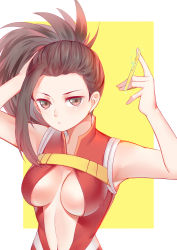 Rule 34 | 10s, 1girl, absurdres, bare shoulders, black hair, boku no hero academia, breasts, cleavage, cleavage cutout, clothing cutout, frown, grey eyes, hair tie, highres, holding, holding own hair, leotard, long hair, looking at viewer, medium breasts, navel, ponytail, qie0909, solo, star (symbol), tying hair, upper body, white background, yaoyorozu momo, yellow background