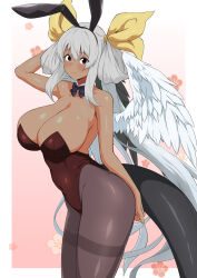 Rule 34 | 1girl, alternate color, angel wings, animal ears, arm above head, arm up, asymmetrical wings, bare shoulders, black bow, black bowtie, black leotard, blush, border, bow, bowtie, breasts, chinese zodiac, cleavage, collar, collarbone, covered navel, dark-skinned female, dark skin, detached collar, dizzy (guilty gear), fake animal ears, fuuma (bangolga1), grey hair, guilty gear, hair between eyes, hair ribbon, hair rings, happy new year, highres, huge breasts, large breasts, leotard, long hair, looking at viewer, mature female, monster girl, new year, pantyhose, pink background, playboy bunny, rabbit ears, red eyes, ribbon, sideboob, sidelocks, smile, solo, tail, tan, twintails, white border, wings, year of the rabbit