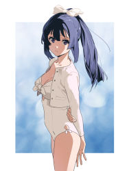Rule 34 | 1girl, :/, arms behind back, black hair, border, bow, breasts, closed mouth, collarbone, cropped jacket, from side, hair bow, hibike! euphonium, highres, holding own arm, jacket, kamo kamen, kousaka reina, long hair, looking at viewer, looking to the side, medium breasts, non-web source, one-piece swimsuit, ponytail, purple eyes, solo, swimsuit, thighs, white border, white bow, white jacket, white one-piece swimsuit