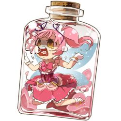 Rule 34 | 1girl, air bubble, asphyxiation, bottle, brown eyes, bubble, cork, dress, full body, gloves, in bottle, in container, lowres, original, pink dress, pink hair, satuma s, screaming, simple background, twintails, underwater, white background, white gloves