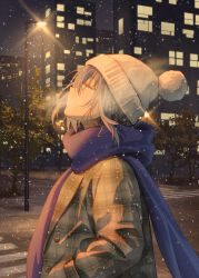 Rule 34 | 1girl, blue hair, blue scarf, building, city lights, cityscape, crosswalk, diffraction spikes, from side, hand in pocket, haneru, haori haruki, highres, himitsu no jugyou, jacket, lamppost, lapels, looking up, night, outdoors, plaid, plaid jacket, pom pom (clothes), profile, scarf, snow, snowing, solo, tree, upper body, winter, winter uniform, yellow eyes