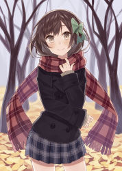 Rule 34 | 1girl, autumn leaves, bare tree, black coat, blue skirt, blush, bow, brown eyes, brown hair, buttons, closed mouth, coat, contrapposto, cowboy shot, day, double-breasted, fog, fringe trim, green bow, hair bow, highres, long sleeves, looking at viewer, miniskirt, nagitoki, original, outdoors, plaid, plaid scarf, plaid skirt, pleated skirt, red scarf, ringed eyes, scarf, short hair, skirt, sleeves past wrists, smile, solo, standing, tareme, tree