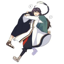 Rule 34 | 1boy, 1other, ahoge, androgynous, black hair, black hakama, black pants, braid, carrying, carrying over shoulder, carrying person, closed eyes, ebi fly 55, fate/samurai remnant, fate (series), full body, green kimono, hakama, happy, highres, japanese clothes, jewelry, kimono, long braid, miyamoto iori (fate), musical note, necklace, open mouth, pants, sandals, sidelocks, simple background, single braid, smile, spoken musical note, spoken sweatdrop, sweat, sweatdrop, topknot, waraji, white background, white footwear, yamato takeru (fate)