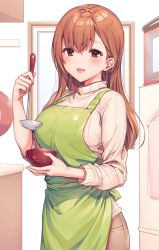 Rule 34 | 1girl, apron, bowl, brown eyes, brown hair, commentary request, cowboy shot, highres, holding, indoors, kinjo no nanako-san, kitchen, komeshiro kasu, ladle, long hair, long sleeves, looking at viewer, nanako-san, open mouth, ribbed sweater, smile, solo, standing, sweater, white sweater