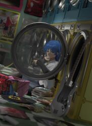 Rule 34 | absurdres, art-crow, bass guitar, black undershirt, blue hair, bob cut, bocchi the rock!, book, book stack, cellphone, cigarette, collared shirt, commentary, english commentary, hand on own face, highres, holding, holding cigarette, instrument, kessoku band, laundromat, looking at viewer, looking through window, mixed-language commentary, no smoking, phone, poster (object), record, reflective surface, shirt, smartphone, smoke, white shirt, yamada ryo, yellow eyes