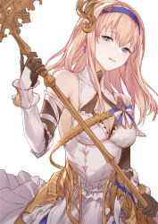 Rule 34 | 1girl, absurdres, armor, black gloves, blue eyes, breasts, cleavage, cleavage cutout, clothing cutout, commentary request, dress, earrings, elbow gloves, enyo (granblue fantasy), gloves, granblue fantasy, hairband, halterneck, highres, holding, holding polearm, holding weapon, jewelry, long hair, looking at viewer, pink hair, polearm, shoulder armor, sleeveless, sleeveless dress, small breasts, smile, solo, spear, teeth, turtleneck, vambraces, weapon, white background, white dress, yan (1979418195)