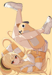 Rule 34 | 1girl, absurdres, arm up, bare legs, blonde hair, doll, hamburger hat, hand in pocket, hat, highres, jacket, jingburger, long hair, long sleeves, looking at viewer, miniskirt, pleated skirt, red eyes, shoes, simple background, skirt, smile, sneakers, solo, thighs, very long hair, virtual youtuber, waktaverse, white footwear, white jacket, white skirt, yellow background, ziro (zirorong)