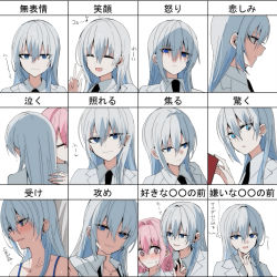 Rule 34 | 2girls, :d, ^ ^, absurdres, bare shoulders, black necktie, blue eyes, blush, book, braid, chihuri, closed eyes, closed mouth, collarbone, collared shirt, commentary request, earrings, eighth note, german text, grey hair, hair between eyes, hair intakes, highres, hug, jewelry, long hair, multiple girls, multiple views, musical note, necktie, open mouth, original, parted lips, pink hair, profile, shaded face, shirt, smile, stud earrings, sweat, tears, translation request, twin braids, white shirt, yuri