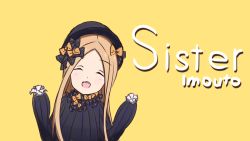 Rule 34 | 1girl, :d, ^ ^, abigail williams (fate), bad id, bad pixiv id, black bow, black dress, black hat, blend s, blonde hair, blush, bow, closed eyes, commentary request, dress, english text, facing viewer, fate/grand order, fate (series), hair bow, hands up, hat, head tilt, highres, long hair, long sleeves, mitchi, open mouth, orange bow, parody, parted bangs, polka dot, polka dot bow, romaji text, simple background, sleeves past fingers, sleeves past wrists, smile, solo, teeth, upper body, upper teeth only, very long hair, yellow background