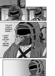 Rule 34 | 1other, 4koma, arknights, chainsaw man, comic, doctor (arknights), english text, greyscale, harlequin-wheels, hood, hooded coat, monochrome, parody, solo, tears