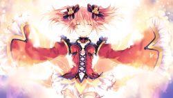 Rule 34 | 1girl, alyn (fairy fencer f), bug, butterfly, collar, cross, detached sleeves, dress, closed eyes, fairy, fairy fencer f, frills, game cg, glowing, hair ornament, insect, light particles, official art, open mouth, orange hair, pink hair, sleeves past wrists, solo, tsunako, twintails, wide sleeves