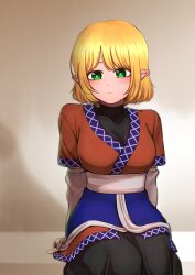 Rule 34 | 1girl, arm warmers, black dress, blonde hair, blush, breasts, brown shirt, cleavage, closed mouth, commentary request, dress, expressionless, feet out of frame, green eyes, highres, looking at viewer, medium breasts, mizuhashi parsee, no scarf, pointy ears, sash, see-through, see-through cleavage, shirt, short bangs, short hair, short sleeves, sitting, solo, touhou, white sash, yokozuna iwashi