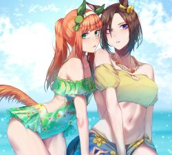 Rule 34 | 2girls, absurdres, air groove (umamusume), alternate costume, animal ears, bare shoulders, blue eyes, brown hair, commentary request, cowboy shot, green eyes, green one-piece swimsuit, highres, horse ears, long hair, looking at viewer, midriff, multiple girls, navel, off-shoulder one-piece swimsuit, off-shoulder shirt, off shoulder, one-piece swimsuit, orange hair, parted lips, ponytail, sarong, shirt, short hair, short sleeves, silence suzuka (umamusume), standing, stomach, sugamo (rainysnowy108), swimsuit, tail, thighs, umamusume, yellow shirt