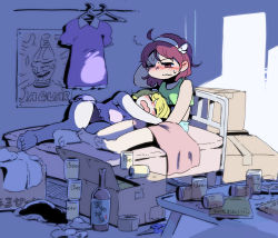 Rule 34 | 2girls, ahoge, alternate costume, bare legs, barefoot, bed, beer can, blanket, blush, bottle, box, brown eyes, brown hair, can, cardboard box, character name, closed eyes, closed mouth, clothes hanger, drink can, godzilla (series), hairband, highres, indoors, jet jaguar, lying, maribel hearn, moyazou (kitaguni moyashi seizoujo), multiple girls, nose blush, on side, one eye closed, open mouth, poster (object), scissors, short hair, sitting, sleeping, sleepwear, sleeveless, sweat, tape, touhou, usami renko