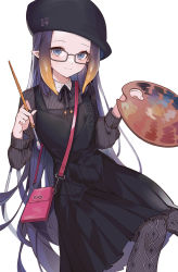 Rule 34 | 1girl, bag, black dress, black hat, black pantyhose, blonde hair, blue eyes, commentary, dress, glasses, gradient hair, hat, highres, holding, holding paintbrush, hololive, hololive english, long hair, long sleeves, looking at viewer, machi (7769), multicolored hair, ninomae ina&#039;nis, ninomae ina&#039;nis (casual), paintbrush, palette (object), pantyhose, pleated dress, purple hair, shoulder bag, smile, solo, tentacle hair, very long hair, virtual youtuber