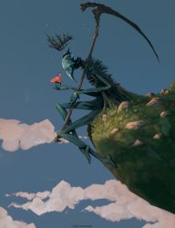 Rule 34 | 1other, absurdres, anato finnstark, blue sky, cape, cliff, crown, day, from side, giant, highres, holding, holding scythe, huge filesize, monster, original, outdoors, red cape, scythe, sky, sword, weapon