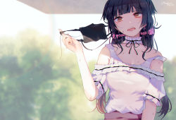 Rule 34 | 1girl, :o, arm up, armpits, black hair, black mask, blurry, blush, bow, choker, collarbone, depth of field, earrings, frilled choker, frilled sleeves, frills, hair bow, hair ornament, hair scrunchie, idolmaster, idolmaster shiny colors, inaeda kei, jewelry, looking at viewer, looking down, low twintails, mask around one ear, mayuzumi fuyuko, neck ribbon, outdoors, ribbon, scrunchie, shade, shiny clothes, shiny skin, solo, strap slip, sweat, sweatdrop, twintails, upper body