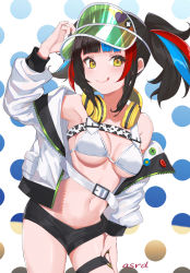 Rule 34 | 1girl, asurada yui, badge, bare shoulders, bikini, black hair, black shorts, blue hair, blush, breasts, button badge, cleavage, fate/grand order, fate (series), green hat, hat, headphones, headphones around neck, highres, jacket, large breasts, long hair, long sleeves, looking at viewer, multicolored hair, navel, off shoulder, open clothes, open jacket, red hair, sei shounagon (fate), sei shounagon (swimsuit berserker) (fate), short shorts, shorts, sidelocks, swimsuit, thigh strap, thighs, twintails, visor cap, white bikini, white jacket, yellow eyes