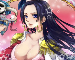 Rule 34 | 1girl, amazon lily, amazon warrior, bad id, bad pixiv id, black hair, blue eyes, boa hancock, breasts, cape, cleavage, earrings, epaulettes, fangs, jewelry, large breasts, lips, one piece, q-chiang, salome (one piece), skull, snake, snake earrings