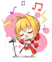 Rule 34 | 10s, 1girl, ^^^, absurdres, ahoge, blonde hair, blush stickers, chibi, epaulettes, closed eyes, fate/extra, fate (series), full body, highres, long sleeves, microphone, microphone stand, music, musical note, nero claudius (fate), nero claudius (fate) (all), nero claudius (fate/extra), open mouth, short hair, singing, solo, standing, subaru (794829485), white background