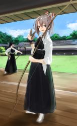 Rule 34 | 2girls, :d, absurdres, alternate costume, archery, black hair, black hakama, bow (weapon), brown eyes, brown gloves, brown hair, full body, gloves, hachimaki, hair between eyes, hakama, hakama skirt, headband, high ponytail, highres, holding, holding bow (weapon), holding weapon, japanese clothes, kantai collection, kyuudou, long hair, multiple girls, muneate, open mouth, partially fingerless gloves, partly fingerless gloves, single glove, skirt, smile, solo focus, v, weapon, yugake, zarashi, zuihou (kancolle)