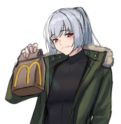 Rule 34 | 1girl, 3 small spiders, bag, black bodysuit, blush, bodysuit, closed mouth, commentary, fur-trimmed jacket, fur trim, green jacket, highres, holding, holding bag, jacket, long hair, long sleeves, looking at viewer, mcdonald&#039;s, mole, mole under eye, open clothes, open jacket, original, ponytail, red eyes, scar, scar across eye, smile, solo, turtleneck, upper body, white background, white hair