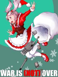 Rule 34 | absurdres, commentary request, depth charge, dress, english text, from side, green background, hair between eyes, hair bobbles, hair ornament, hat, highres, kantai collection, moxtu69 eg, open mouth, pantyhose, pink eyes, pink hair, red dress, red footwear, santa costume, santa hat, sazanami (kancolle), short hair, solo, teeth, thighhighs, torpedo launcher, twintails, upper teeth only, white pantyhose, white thighhighs