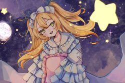 Rule 34 | 127, 1girl, alternate costume, blonde hair, bow, dokibird (vtuber), dress, frills, green eyes, hair bow, highres, indie virtual youtuber, long hair, looking at viewer, moon, night, night sky, open mouth, pillow, sky, smile, solo, star (sky), starry sky, teeth, twintails, upper body, upper teeth only, virtual youtuber, white bow, white dress