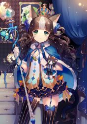 Rule 34 | 1girl, :&lt;, animal ears, argyle, bell, black thighhighs, blue bow, blue ribbon, blue theme, blunt bangs, book, bow, breasts, brown hair, cape, cat ears, cat tail, cleavage, contrapposto, crown, crystal, curtains, drawer, dress, flower, frilled skirt, frills, fur-trimmed cape, fur trim, garter straps, gem, gloves, green eyes, green gemstone, grey hair, hair bow, hands up, head tilt, highres, holding, holding staff, holding stuffed toy, indoors, long hair, looking at viewer, mini crown, mole, mole under eye, momoshiki tsubaki, multicolored hair, neck ribbon, original, paw print, photo (object), ribbon, roman numeral, scepter, short dress, skirt, small breasts, solo, sparkle, staff, standing, streaked hair, striped clothes, striped thighhighs, stuffed animal, stuffed cat, stuffed toy, tail, thighhighs, transparent, two-tone hair, vertical-striped clothes, vertical-striped thighhighs, wavy hair, wavy mouth, weighing scale, whiskers, white gloves, zettai ryouiki