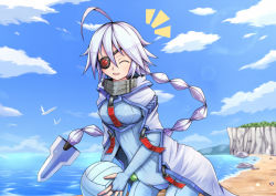 Rule 34 | 1girl, ahoge, bad id, bad pixiv id, ball, beach, blazblue, bodysuit, cape, closed eyes, cowboy shot, day, eyepatch, holding, holding ball, looking at viewer, nu-13, sioame, smile, volleyball (object), white hair