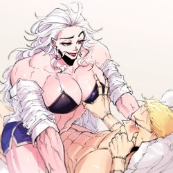 Rule 34 | 100hae is harm, 1boy, 1girl, abs, assertive female, bare shoulders, black bra, blonde hair, blue shorts, blush, bra, breasts, cross, cross earrings, dorohedoro, earrings, eyelashes, girl on top, glasses, grabbing, grabbing another&#039;s breast, hetero, highres, jewelry, large areolae, large breasts, long hair, muscular, muscular female, muscular male, navel, noi (dorohedoro), red eyes, shin (dorohedoro), shirt, shorts, underwear, veins, veiny arms, white background, white hair, white shirt