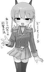 Rule 34 | 1girl, arm at side, blush, braid, commentary request, death chiruchiru, dovepopon, empty eyes, epaulettes, fang, feet out of frame, fringe trim, greyscale, half-closed eyes, hand up, highres, horns, jacket, long hair, long sleeves, looking at viewer, monochrome, open mouth, pleated skirt, raised eyebrows, shinigami dot com, shoulder spikes, simple background, skin fang, skirt, skull belt, smile, solo, spikes, standing, thigh gap, thighhighs, translation request, twin braids