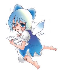 Rule 34 | 1girl, abuse, bad feet, bad toes, barefoot, blood, blue eyes, blue hair, bow, bruise, cirno, crying, crying with eyes open, embodiment of scarlet devil, failed on test, failure, feet, full body, hair bow, injury, koroneri, looking back, matching hair/eyes, no shoes, nosebleed, paper, puffy short sleeves, puffy sleeves, sad, short hair, short sleeves, simple background, sitting, solo, tears, test paper, test score, toes, touhou, translated, violence, wariza, white background, wings