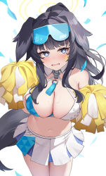 Rule 34 | 1girl, absurdres, animal ears, bare shoulders, black hair, blue archive, blue eyes, blush, breasts, cheerleader, cleavage, collarbone, confetti, cowboy shot, dog ears, dog girl, dog tail, eyewear on head, goggles, goggles on head, halo, hibiki (blue archive), hibiki (cheer squad) (blue archive), highres, holding, holding pom poms, jbell, large breasts, long hair, looking at viewer, midriff, millennium cheerleader outfit (blue archive), miniskirt, navel, official alternate costume, open mouth, pleated skirt, pom pom (cheerleading), pom poms, revision, skirt, solo, sunglasses, tail, very long hair, white skirt