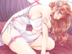 Rule 34 | 1girl, alice no yakata 7, bare shoulders, blush, breasts, brown hair, china dress, chinese clothes, covered erect nipples, dress, game cg, hair ornament, hairpin, hanging breasts, long hair, nipples, purple eyes, see-through, sideboob, solo