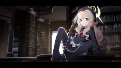 Rule 34 | 1girl, absurdres, beret, black gloves, black pantyhose, blonde hair, blue archive, bookshelf, cane, chinese commentary, gloves, green eyes, halo, hat, highres, long hair, looking at viewer, no shoes, pantyhose, professor niyaniya (blue archive), qianhui, school uniform, serafuku, sitting, skirt, smile, solo, spread legs