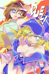 Rule 34 | 2girls, bare shoulders, blonde hair, blue eyes, blue headwear, blush stickers, breasts, brown hair, card, cleavage, dark magician girl, duel monster, english text, green eyes, halftone, hat, heart, highres, holding, holding card, large breasts, looking at viewer, mazaki anzu, misaka (missa), multiple girls, open mouth, pentacle, sleeveless, wand, wizard hat, yu-gi-oh!