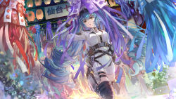 Rule 34 | 1girl, blue hair, breasts, csyday, curvy, festival, goddess of victory: nikke, hand up, hat, large breasts, long hair, military, military hat, military uniform, multiple girls, official art, privaty (nikke), thick thighs, thighhighs, thighs, twintails, uniform, walking, wide hips, yellow eyes
