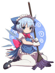 Rule 34 | 1girl, absurdres, alternate costume, apron, black footwear, blue apron, blue eyes, blue hair, blue ribbon, blue skirt, bow, bowtie, cirno, closed mouth, commentary, enmaided, frilled apron, frills, hair ribbon, highres, holding, holding mop, hxj (2324184595), ice, ice wings, maid, maid apron, maid headdress, mary janes, mop, pink bow, pink bowtie, pink ribbon, puffy short sleeves, puffy sleeves, ribbon, shirt, shoes, short hair, short sleeves, sitting, skirt, smile, solo, thighs, touhou, white shirt, wings