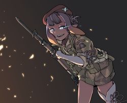 Rule 34 | 1girl, bayonet, blue eyes, bolt action, glowing, glowing eyes, gun, highres, hololive, hololive english, jarv, mauser 98, military, military uniform, ninomae ina&#039;nis, petals, rifle, single thighhigh, smile, solo, thighhighs, thighs, uniform, virtual youtuber, weapon, white thighhighs