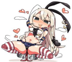 Rule 34 | 1girl, arm support, black neckerchief, black panties, black ribbon, blue skirt, blush, breasts, commentary request, crop top, elbow gloves, full body, gloves, green eyes, grey footwear, hair between eyes, hair ribbon, heart, highleg, highleg panties, kanikama, kantai collection, leaning to the side, light brown hair, long hair, looking at viewer, medium breasts, midriff, navel, neckerchief, nose blush, panties, pleated skirt, ribbon, school uniform, serafuku, shimakaze (kancolle), shirt, shoes, skindentation, skirt, sleeveless, sleeveless shirt, solo, spread legs, squatting, striped clothes, striped thighhighs, sweat, thighhighs, tongue, tongue out, underwear, very long hair, white gloves, white shirt