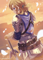 Rule 34 | 1boy, armor, belt, blonde hair, blue eyes, blurry, chainmail, commentary request, earrings, gloves, highres, jewelry, link, male focus, master sword, nintendo, outdoors, pointy ears, shuri (84k), solo, sunset, sword, the legend of zelda, the legend of zelda: breath of the wild, weapon