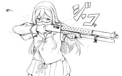 Rule 34 | 1girl, aiming, commentary request, glasses, greyscale, gun, hairband, holding, holding gun, holding weapon, kantai collection, long hair, long sleeves, monochrome, mossberg 500, ooyodo (kancolle), pump action, semi-rimless eyewear, shotgun, shotgun shell, simple background, skirt, solo, under-rim eyewear, vent arbre, weapon, white background